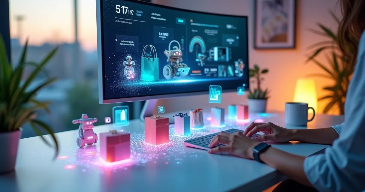 Loja virtual com esteira automática guiando caixas de produtos por robôs e telas de IA