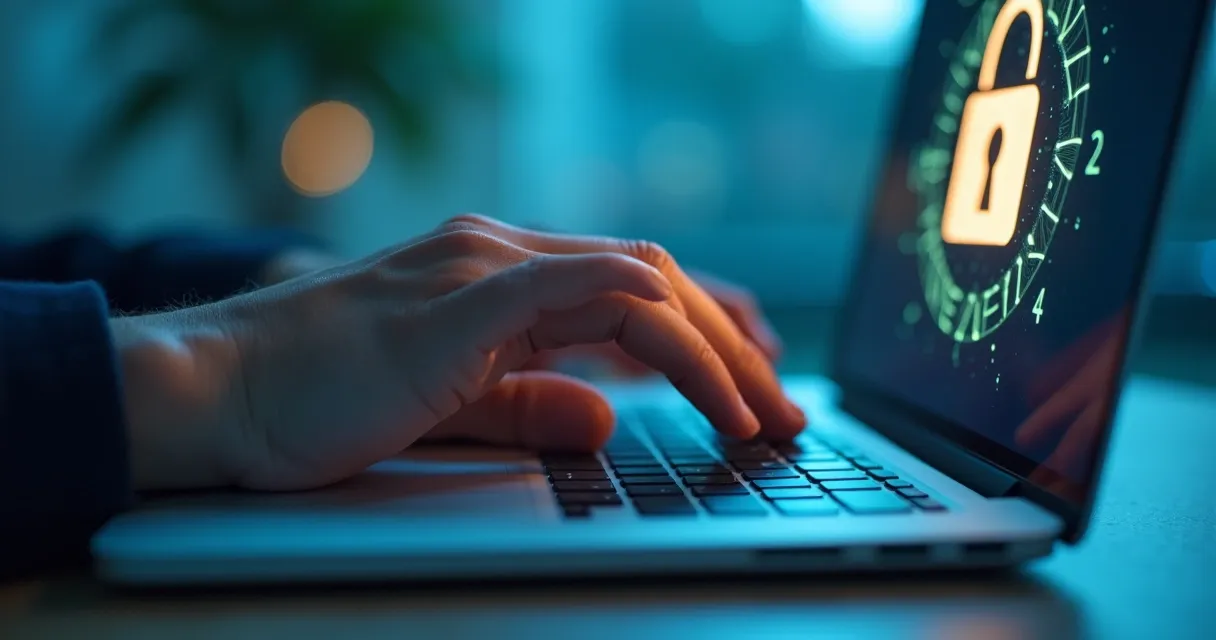 Mão digitando em teclado com cadeado digital na tela