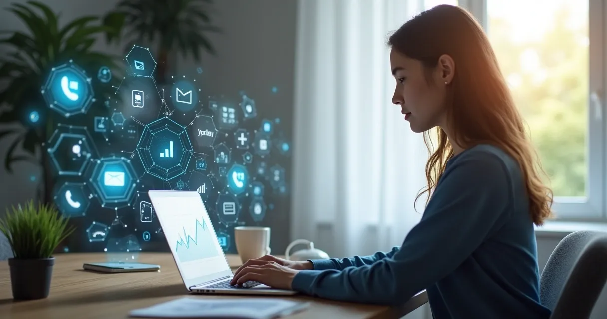Pessoa usando laptop, gráficos de crescimento e elementos digitais ao fundo 