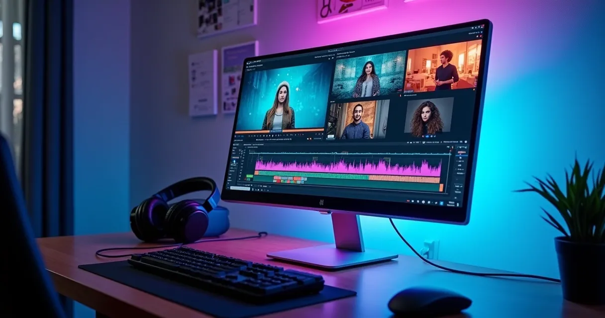 Cena de computador com tela exibindo editor de vídeo, imagens AI, ondas sonoras e avatares digitais