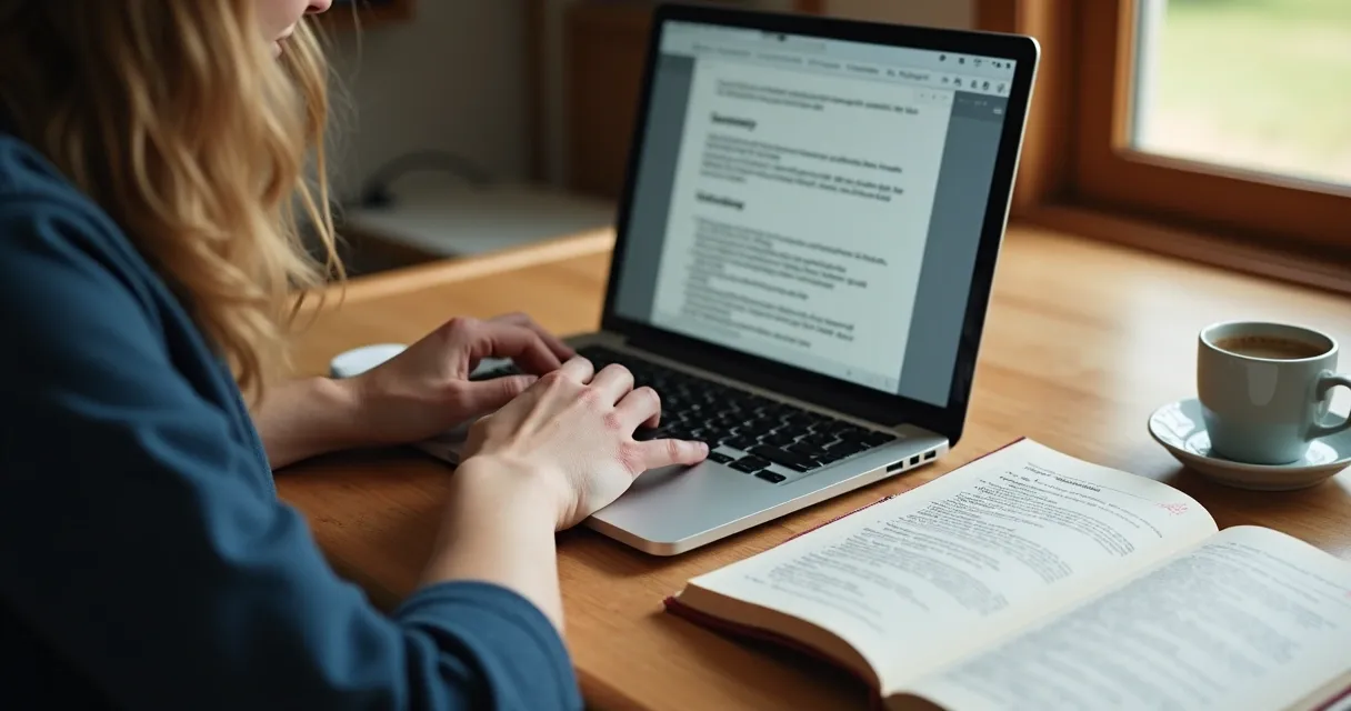 Pessoa digitando em laptop com livro aberto ao lado