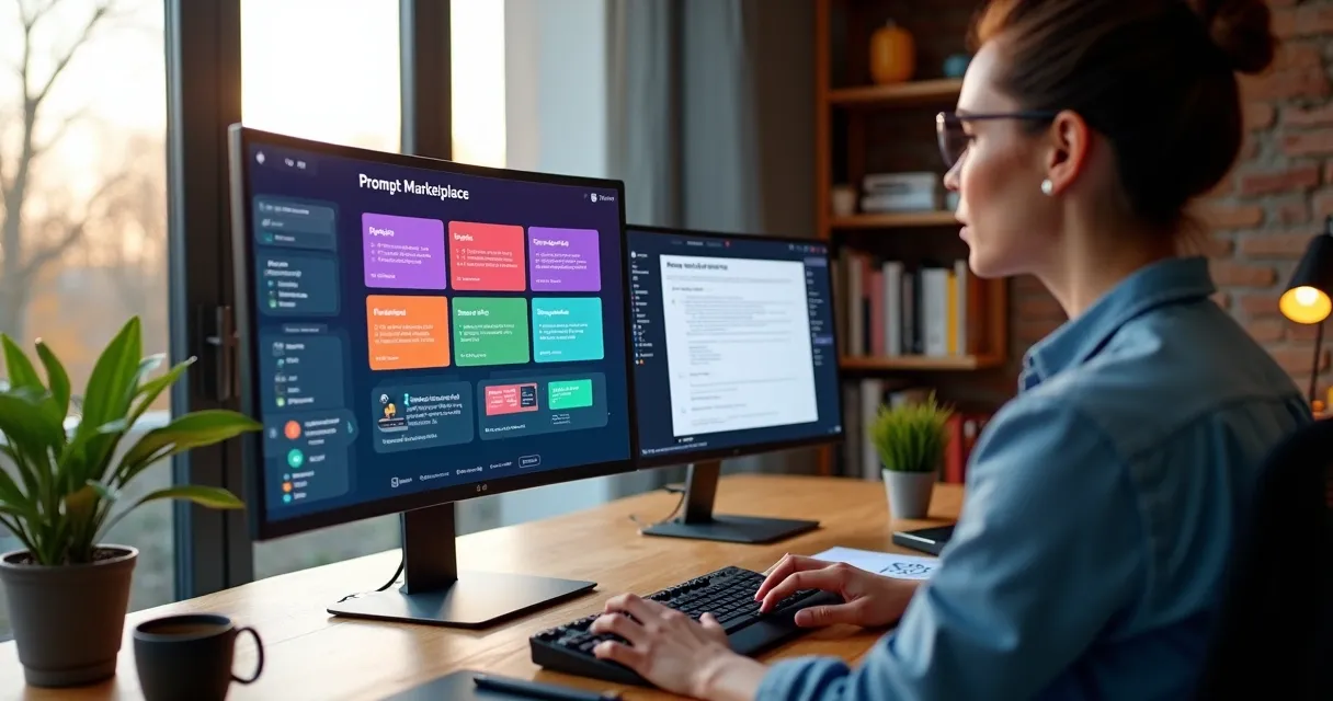 Designer digital criando prompts de IA em mercado online de comandos
