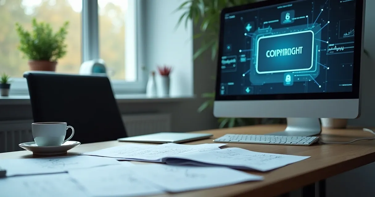 Ambiente de trabalho com computador, cadernos e um certificado de direitos autorais na tela