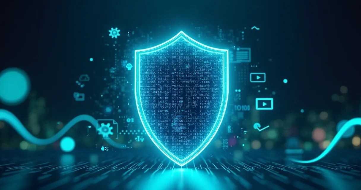 Mosaico azul com rosto desfocado protegido por escudo digital de privacidade