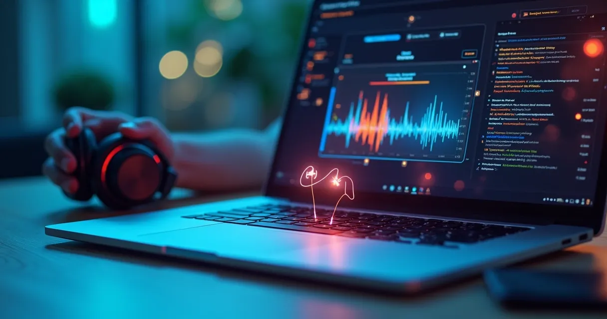 Mesa digital com notebook e elementos de IA 