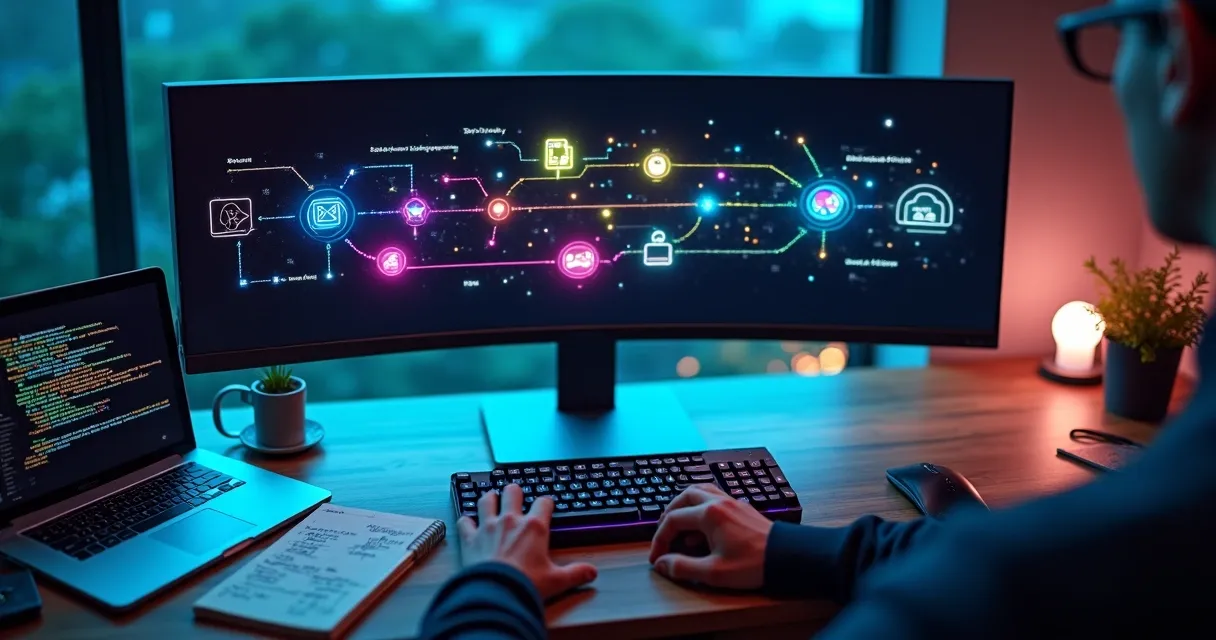 Fluxo colorido de APIs de inteligência artificial conectando aplicativos na tela