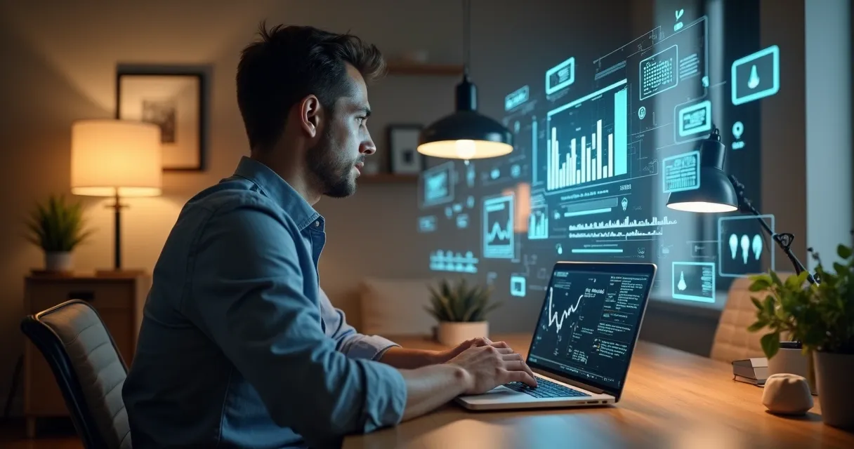 Homem digitando em computador com gráficos de inteligência artificial à frente 