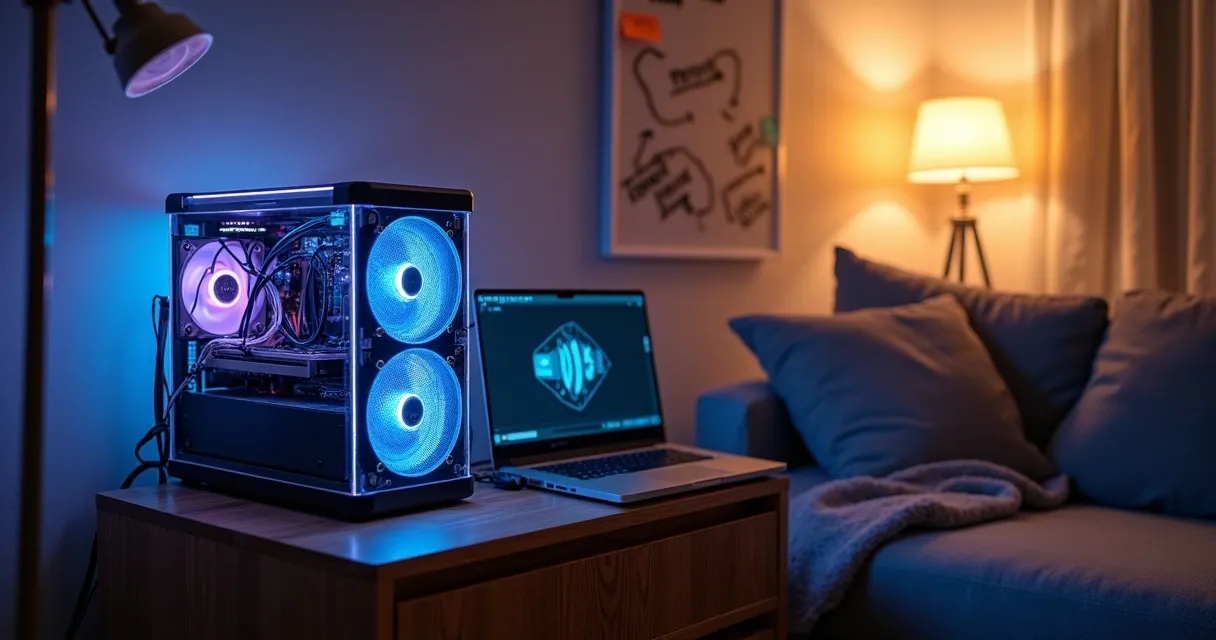 Mini servidor caseiro com luzes azuis rodando inteligência artificial open source