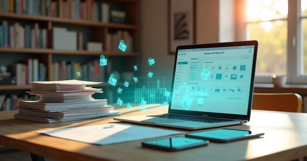 Mesa organizada com documentos físicos e digitais sendo arrumados por inteligência artificial
