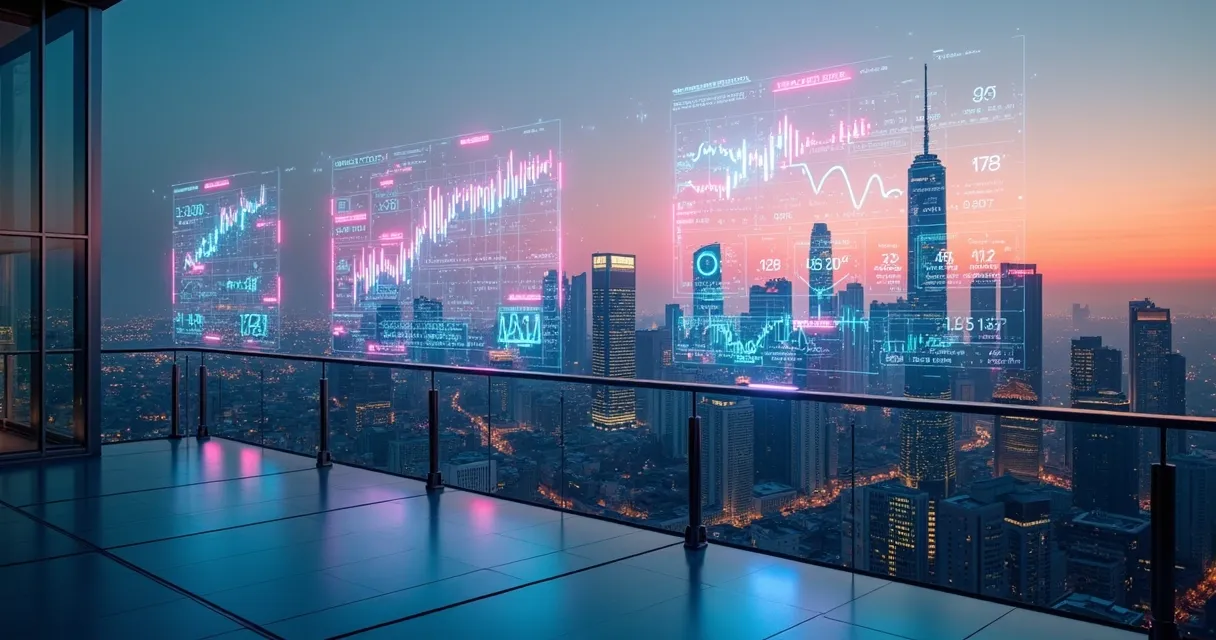 Cidade de noite com hologramas de dados de mercado no céu
