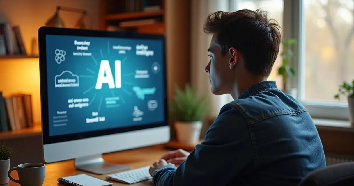 Pessoa usando computador enquanto assiste vídeo educativo de IA