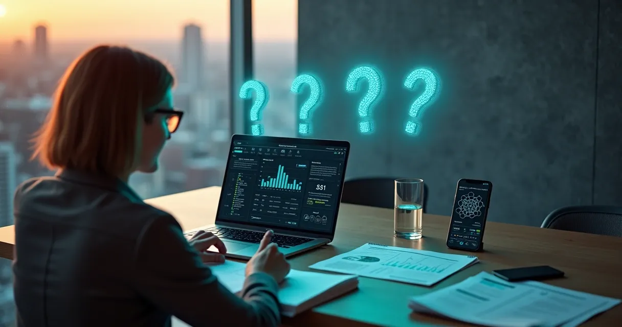 Empreendedora analisando projeções de investimento em inteligência artificial em mesa moderna