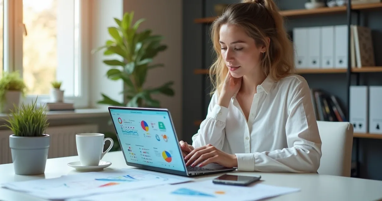 Mulher usa notebook para criar projetos de inteligência artificial visando renda online 