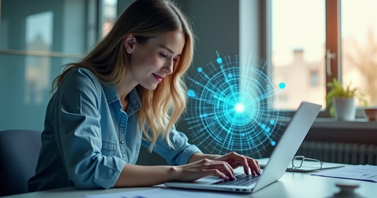 Mulher digitando em notebook com gráficos de IA no fundo 