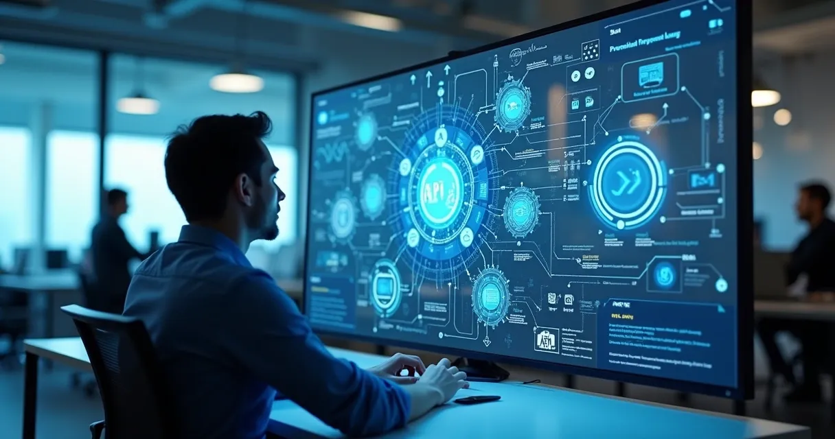 Pessoa conectando sistemas digitais através de interface visual com fluxos de dados 
