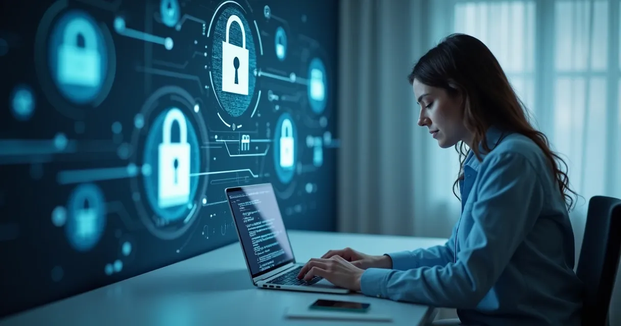 Pessoa com laptop protegido por símbolos de cadeado e criptografia 