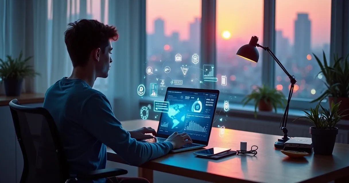 Pessoa trabalhando no notebook com ícones de inteligência artificial e dinheiro ao fundo