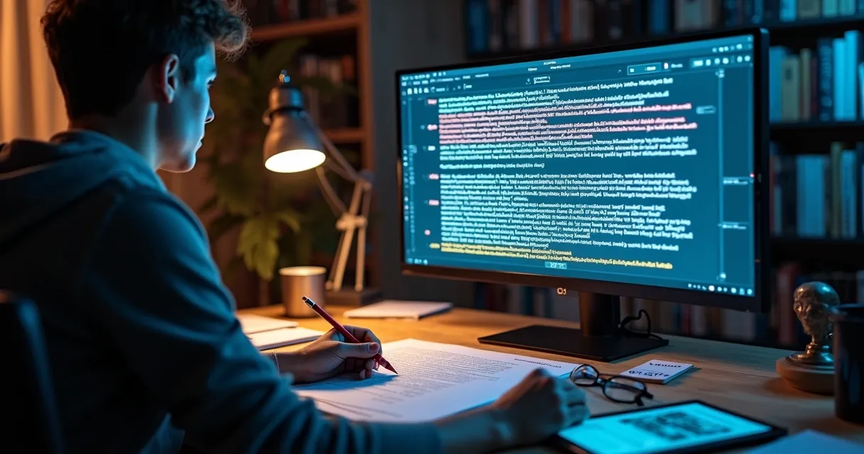Profissional revisando texto destacando erros de inteligência artificial na tela do computador