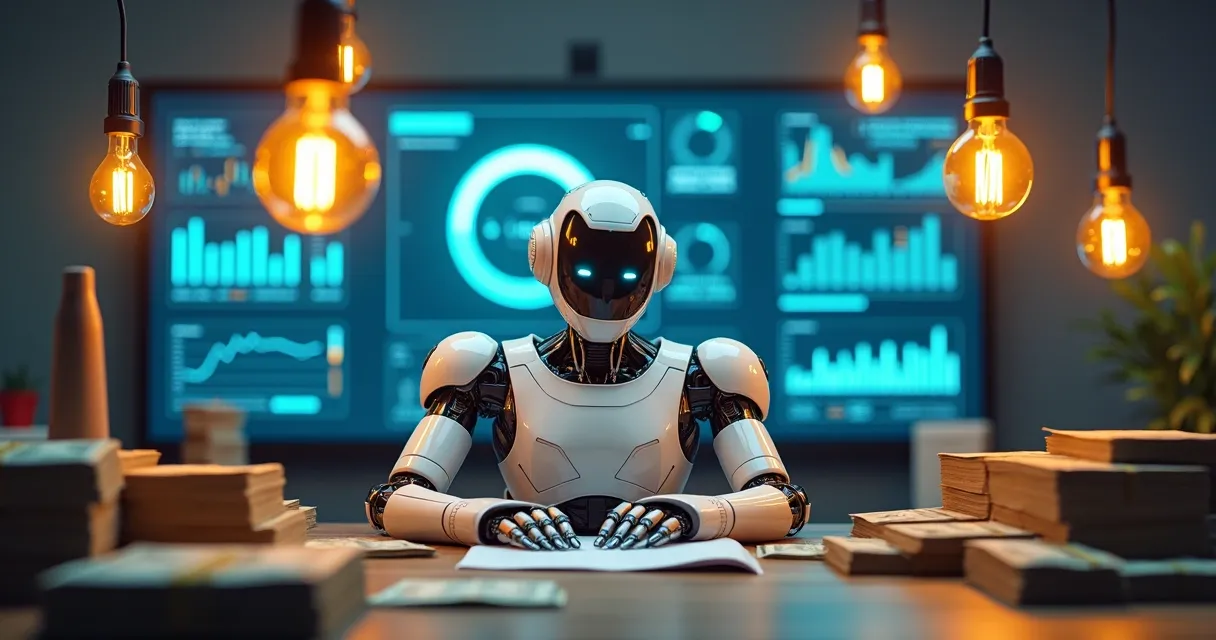 Robo de inteligência artificial segurando lâmpadas e dinheiro 