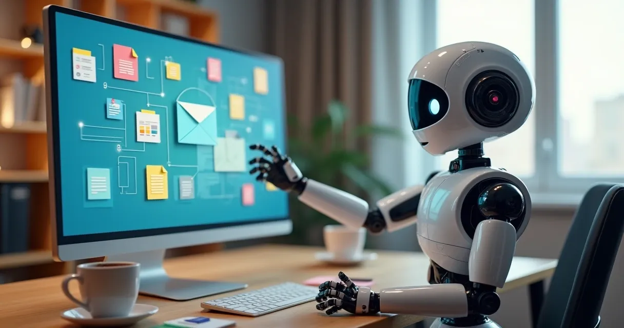 Robô organizando arquivos digitais e planilhas 
