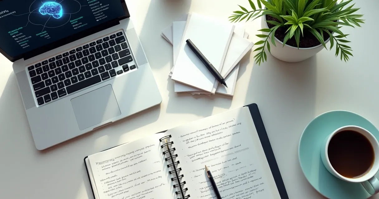 Caderno, caneta e laptop sobre uma mesa organizados para estudo