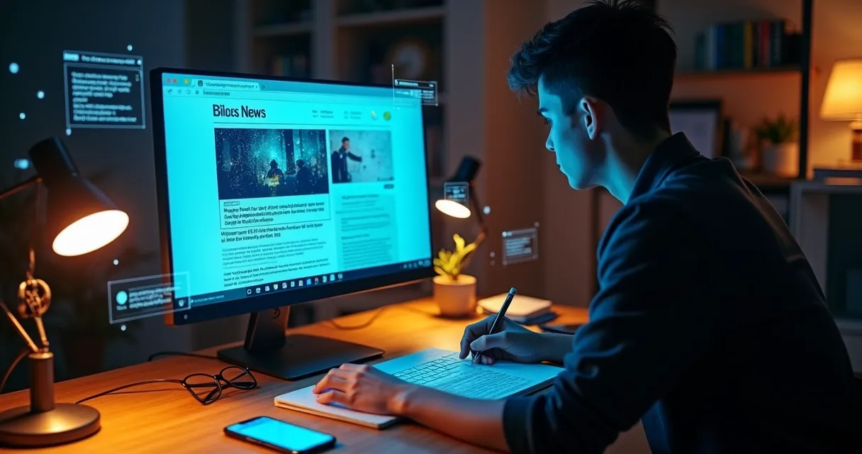 Pessoa comparando notícia digital com selo de verificação de fatos
